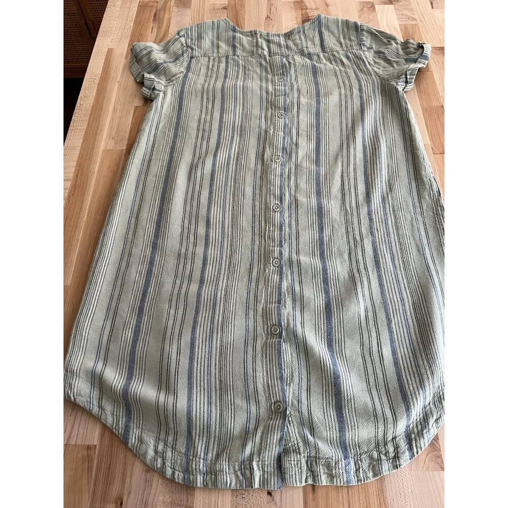 Cloth & Stone Short Sleeve Shirt Dress Button Back Linen Blend Green Stripe M - Picture 6 of 9